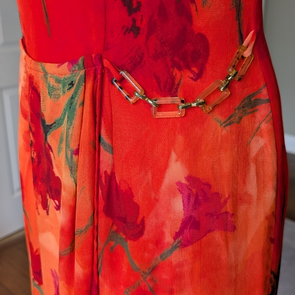 Vintage Joseph Ribkoff Floral Sheath Dress Orange Red Watercolor Print Size 8 - Picture 5 of 16